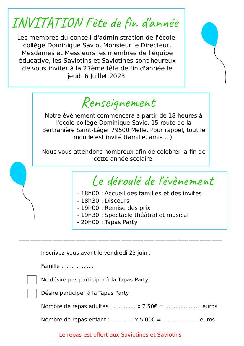 invitation fête école Savio